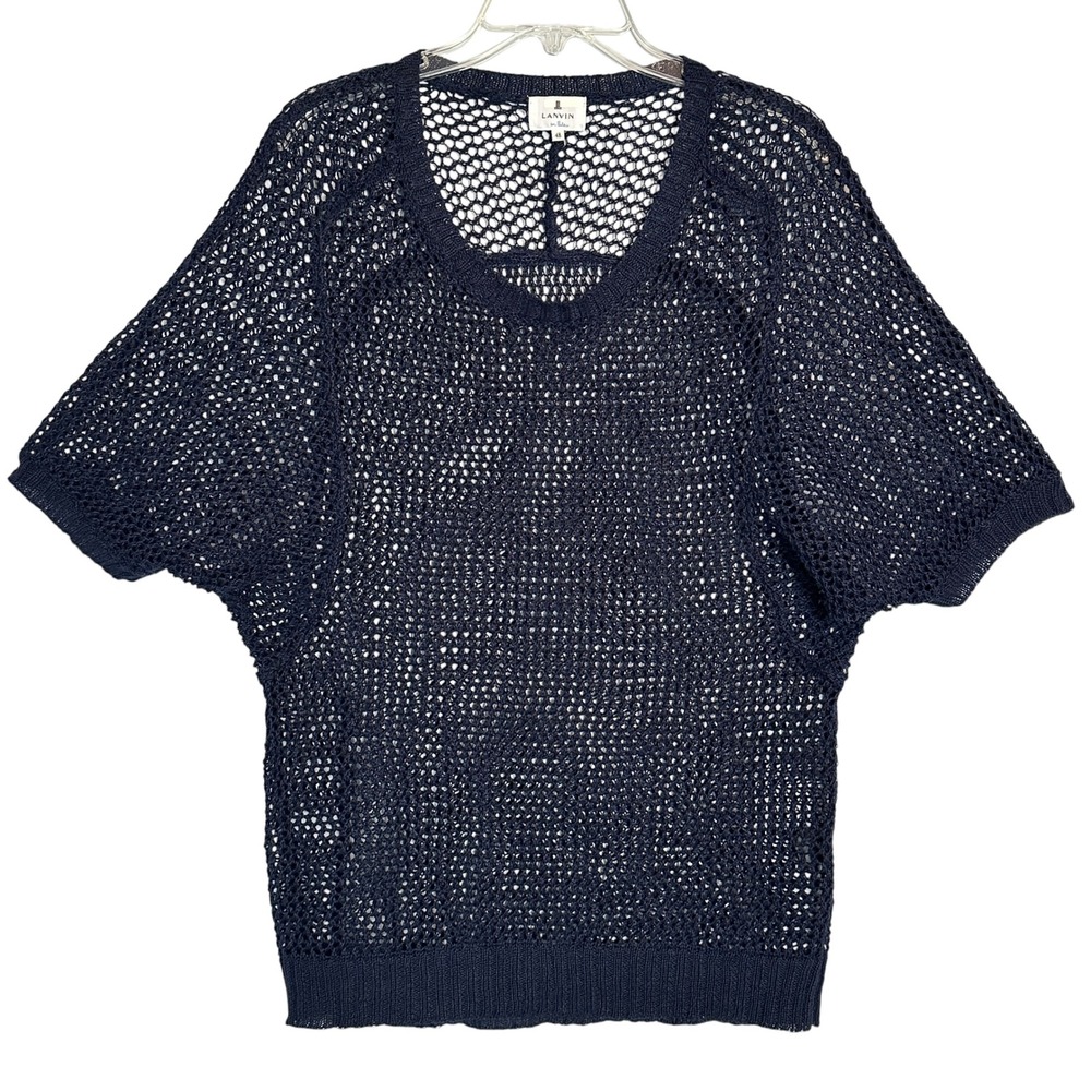Lanvin en Bleu Sweater Short Sleeve Mesh Crochet Knit 48 100%‎ Linen Navy Blue